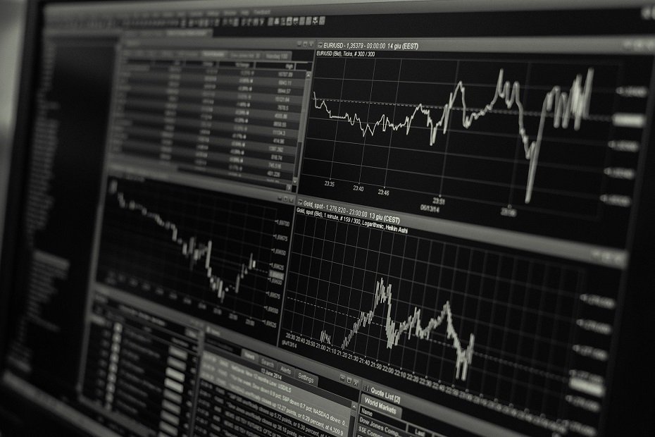 stock chart displayed in black and white on computer monitor
