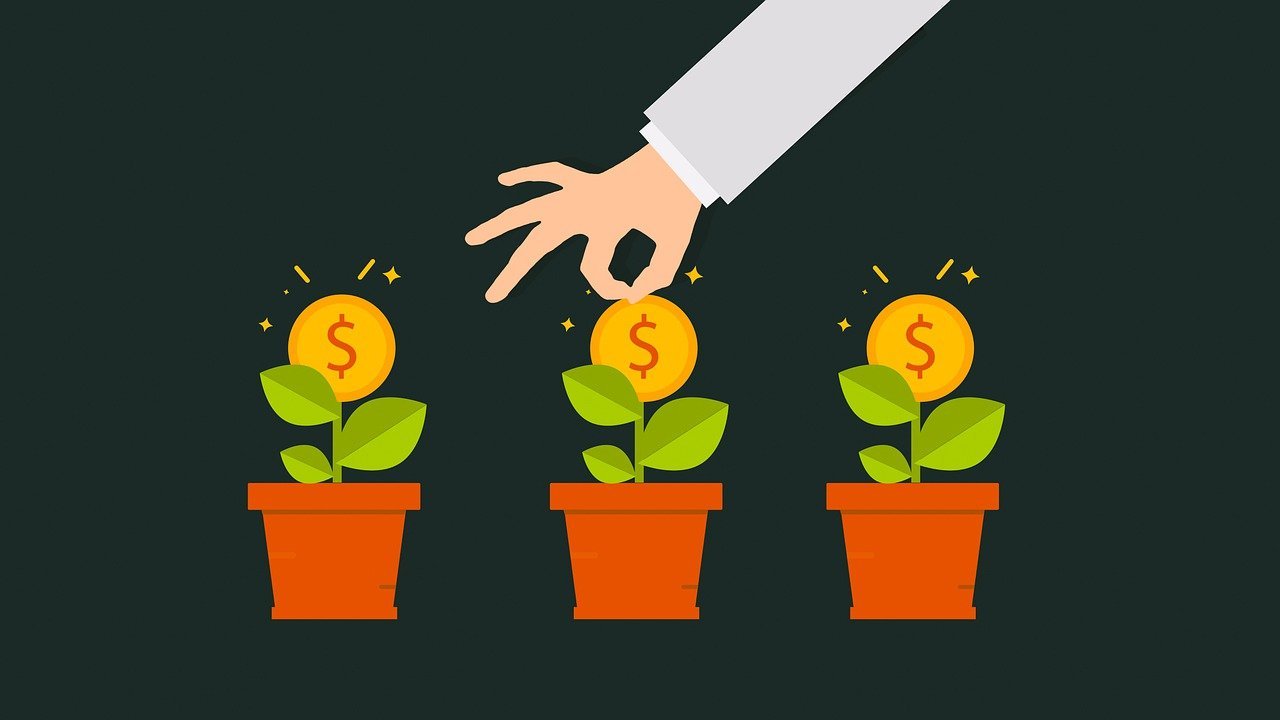 graphic showing three pots with plants and money representing wealth building
