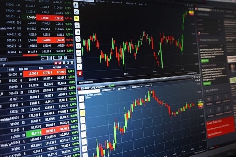 stock prices and candlestick charts displayed on a computer monitor