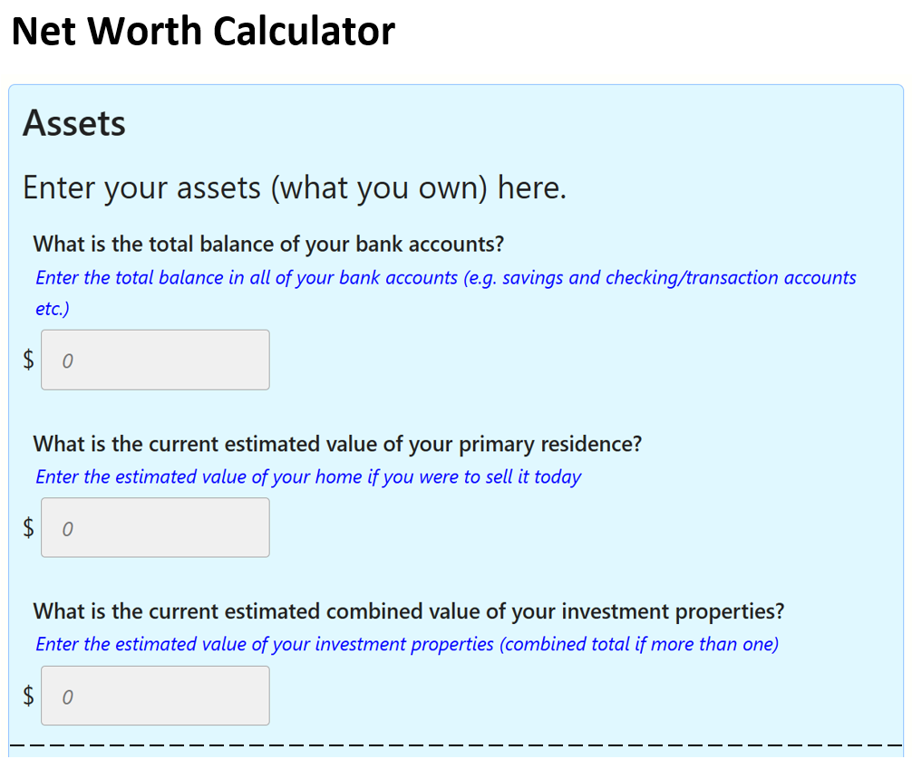 Excerpt from net worth calculator