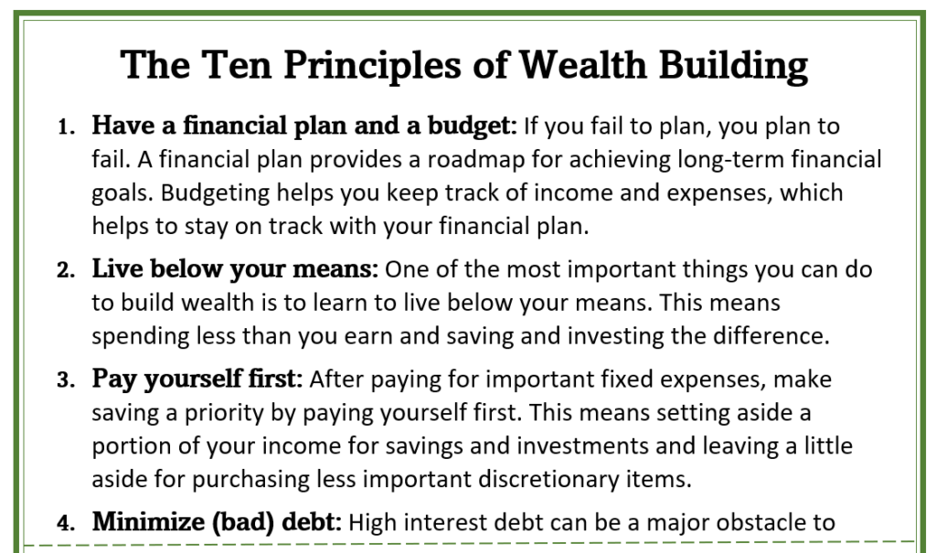 excerpt from the ten principles of wealth building cheat sheet